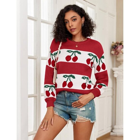 Trendy Women's Cherry Knit Sweater Long Sleeve Casual Fall - Picture 6 of 6